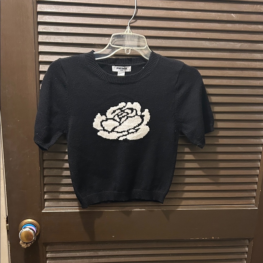RSQ Black Crop Top with White Floral Design